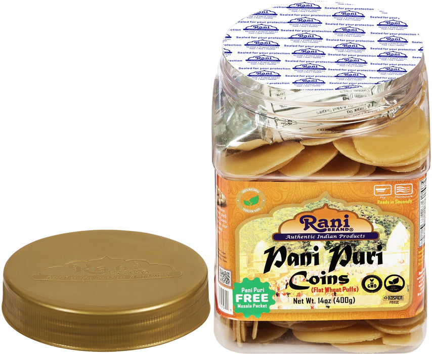 Rani Pani Puri Coins (Uncooked, Microwaveable Wheat Semolina Coins) 14oz (400g) w/Pani Puri Masala (14-Spice Blend for Indian Spicy Water) 1.75oz (50g) ~ All Natural | Vegan | NON-GMO | Kosher