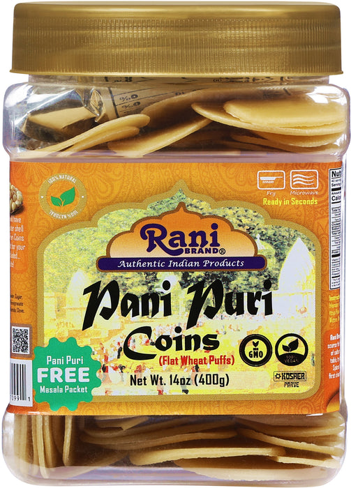 Rani Pani Puri Coins (Uncooked, Microwaveable Wheat Semolina Coins) 14oz (400g) w/Pani Puri Masala (14-Spice Blend for Indian Spicy Water) 1.75oz (50g) ~ All Natural | Vegan | NON-GMO | Kosher