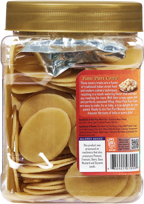 Rani Pani Puri Coins (Uncooked, Microwaveable Wheat Semolina Coins) 14oz (400g) w/Pani Puri Masala (14-Spice Blend for Indian Spicy Water) 1.75oz (50g) ~ All Natural | Vegan | NON-GMO | Kosher