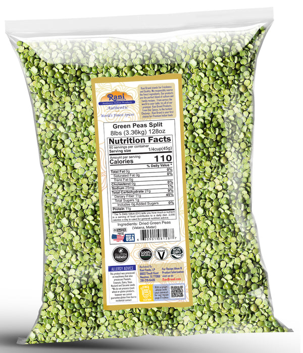 Rani Green Peas Split, Dried (Vatana, Matar) 128oz (8lbs) 3.63kg Bulk ~ All Natural | Vegan | Kosher | Gluten Friendly | Product of USA