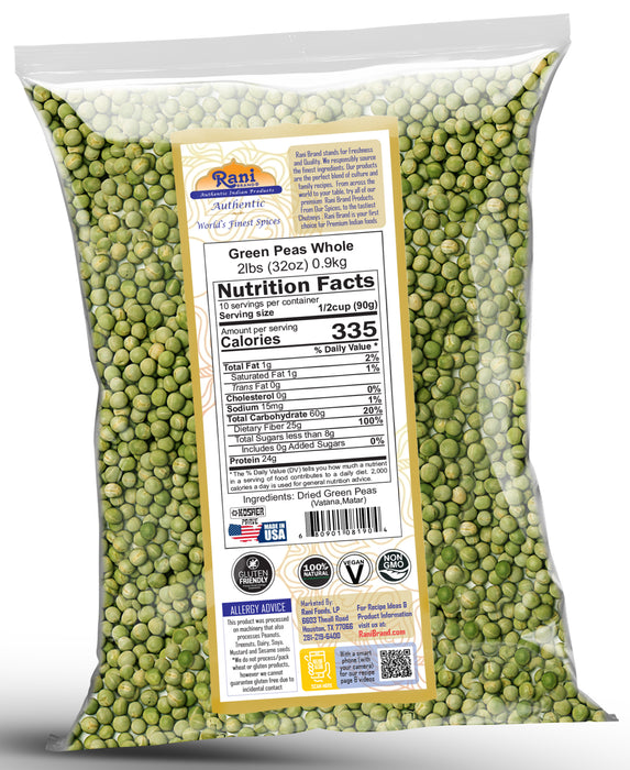 Rani Green Peas Whole, Dried (Vatana, Matar) 2lbs (32oz) ~ All Natural | Vegan | Gluten Friendly | Kosher | Product of USA