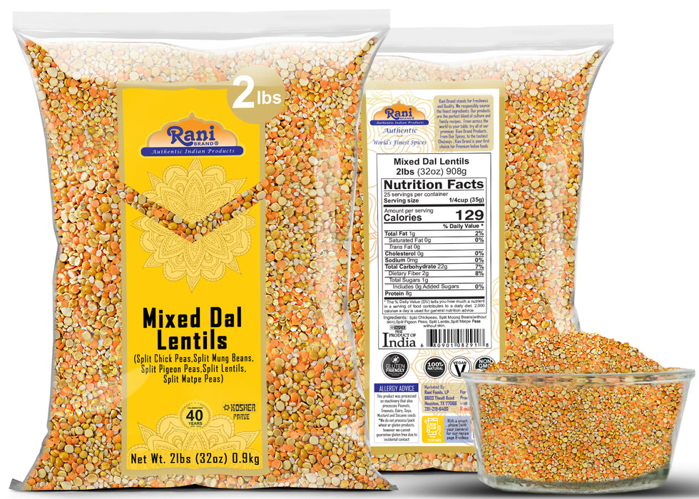 Rani Mixed Dal (Chana Dal, Moong Dal, Toor Dal, Masoor Dal, Urad Dal) 32oz (2lbs) 908g ~ All Natural | Gluten Friendly | NON-GMO | Kosher | Vegan | Indian Origin