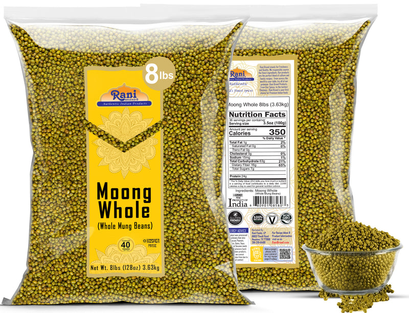 Rani Moong Whole (Ideal for cooking & sprouting, Whole Mung Beans w/ skin) Lentils Indian 128oz (8lbs) x Pack of 5 (Total 40lbs) Bulk ~ All Natural | Gluten Friendly | Non-GMO | Kosher | Vegan | Indian Origin