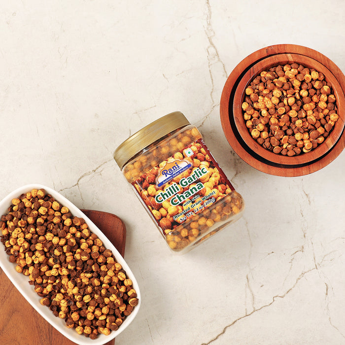 Rani Roasted Chana (Chickpeas) Chilli Garlic Flavor 14oz (400g) PET Jar ~ All Natural | Vegan | No Preservatives | Gluten Friendly | Indian Origin | Great Snack, Ready to Eat | Seasoned with 6 Spices