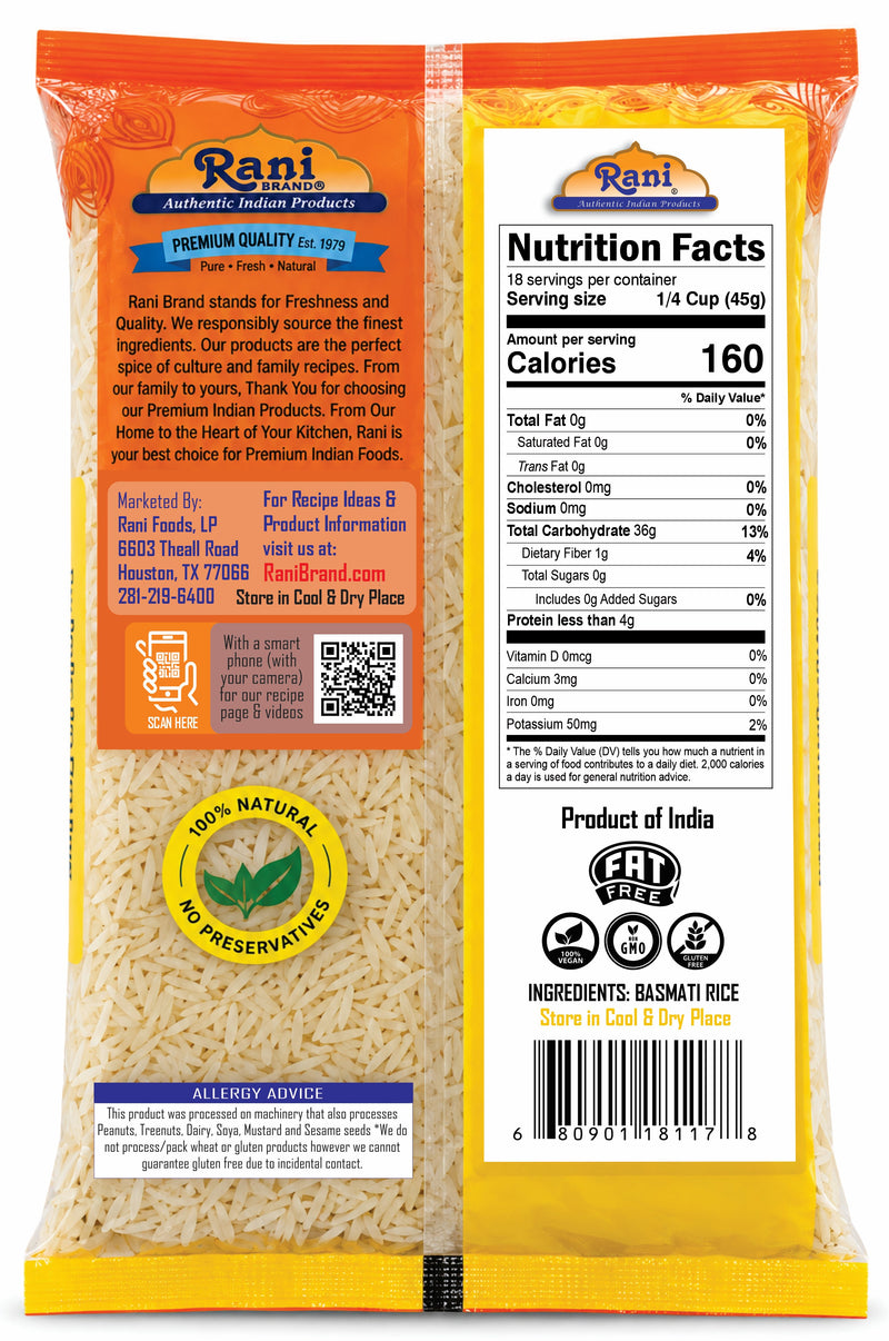 Rani Silver White Basmati Rice Extra Long Aged 4-Pound Bag, 4lbs (64oz) 1.81kg ~ All Natural | Gluten Friendly | Vegan | Indian Origin | Kosher | Export Quality