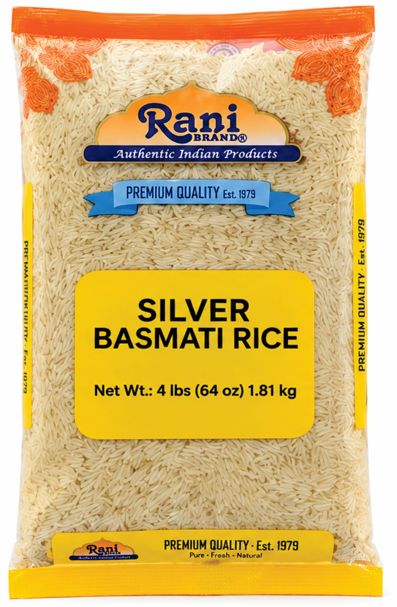 Rani Silver White Basmati Rice Extra Long Aged 4-Pound Bag, 4lbs (64oz) 1.81kg ~ All Natural | Gluten Friendly | Vegan | Indian Origin | Kosher | Export Quality