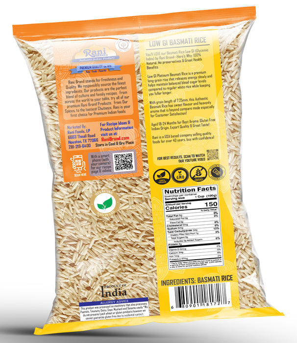 Rani White Basmati Rice Low GI (Glycemic Index) Extra Long Aged, Ideal for Diabetics, 4lbs (64oz) 1.81kg Cloth Bag ~ All Natural | Gluten Free | Vegan | Indian Origin | Export Quality