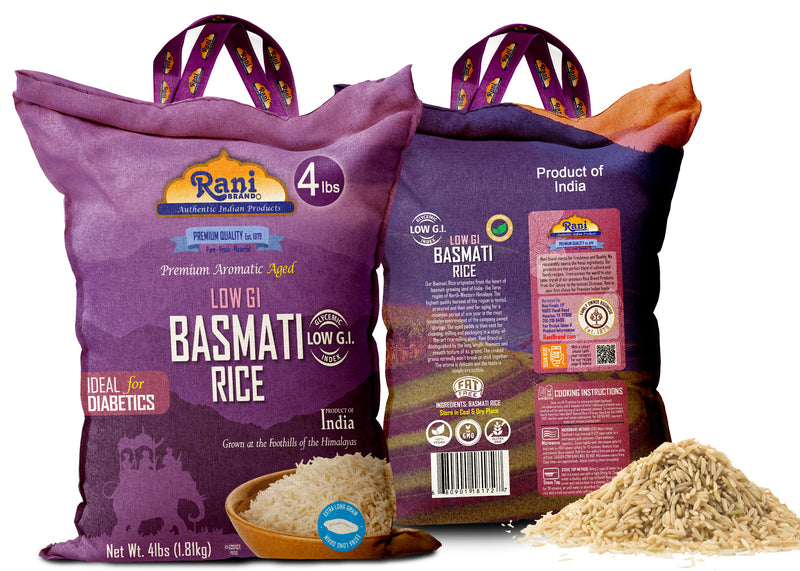 Rani White Basmati Rice Low GI (Glycemic Index) Extra Long Aged, Ideal for Diabetics, 4lbs (64oz) 1.81kg Cloth Bag ~ All Natural | Gluten Free | Vegan | Indian Origin | Export Quality