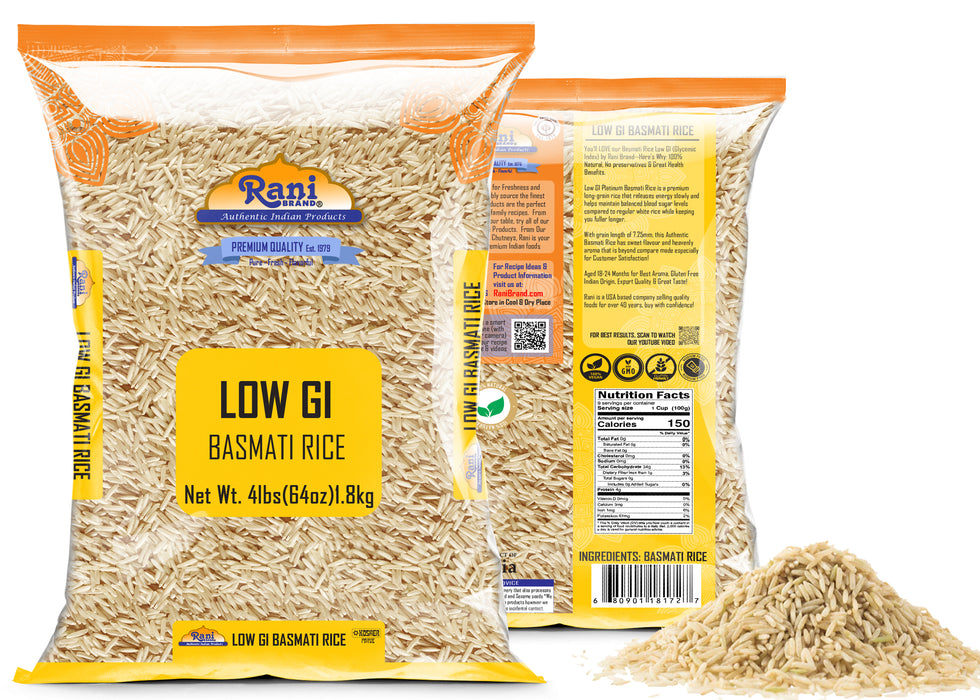 Rani White Basmati Rice Low GI (Glycemic Index) Extra Long Aged, Ideal for Diabetics, 4lbs (64oz) 1.81kg Cloth Bag ~ All Natural | Gluten Free | Vegan | Indian Origin | Export Quality