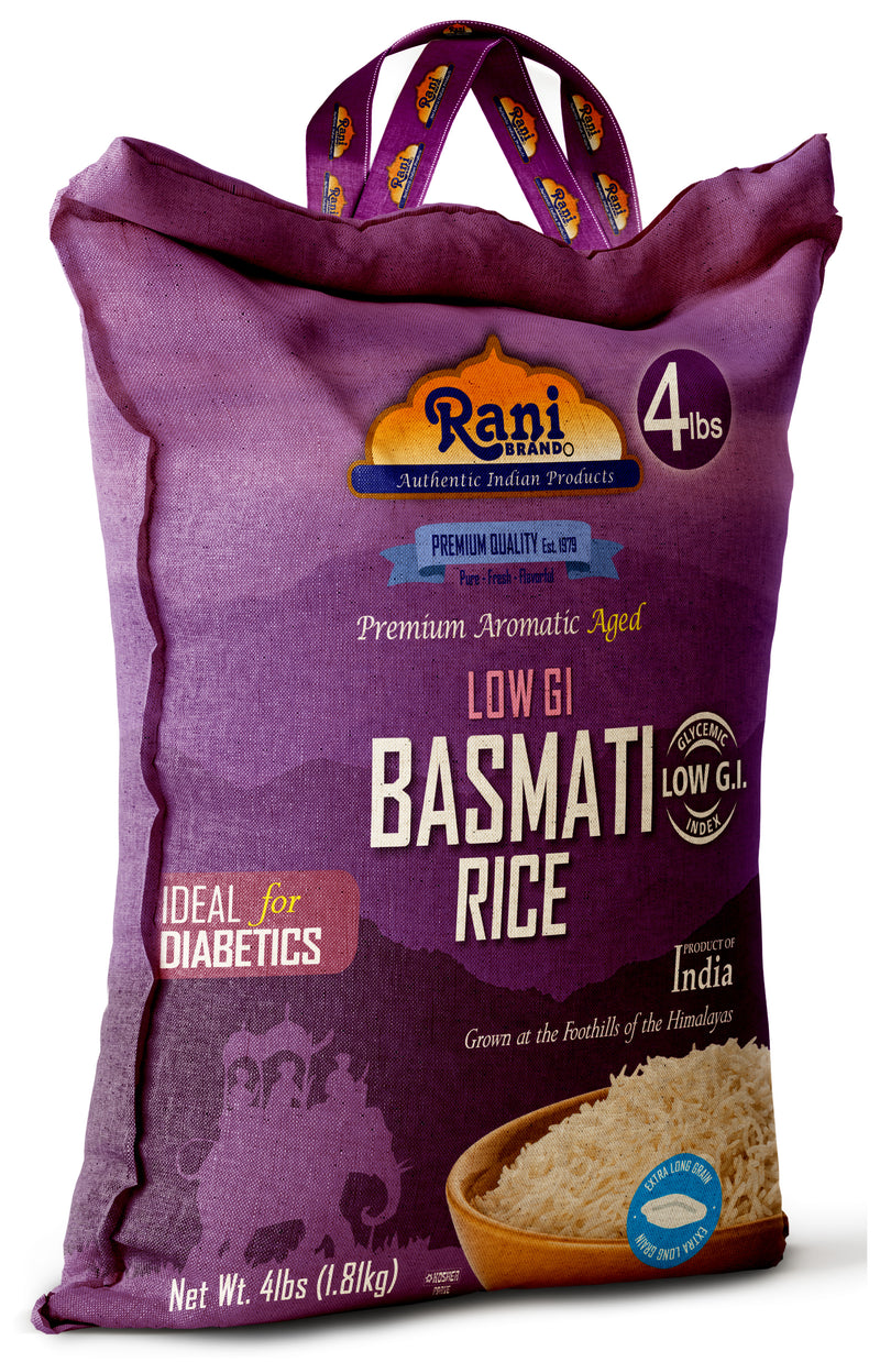 Rani White Basmati Rice Low GI (Glycemic Index) Extra Long Aged, Ideal for Diabetics, 4lbs (64oz) 1.81kg Cloth Bag ~ All Natural | Gluten Free | Vegan | Indian Origin | Export Quality