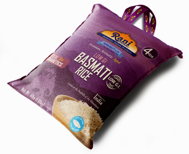 Rani White Basmati Rice Low GI (Glycemic Index) Extra Long Aged, Ideal for Diabetics, 4lbs (64oz) 1.81kg Cloth Bag ~ All Natural | Gluten Free | Vegan | Indian Origin | Export Quality