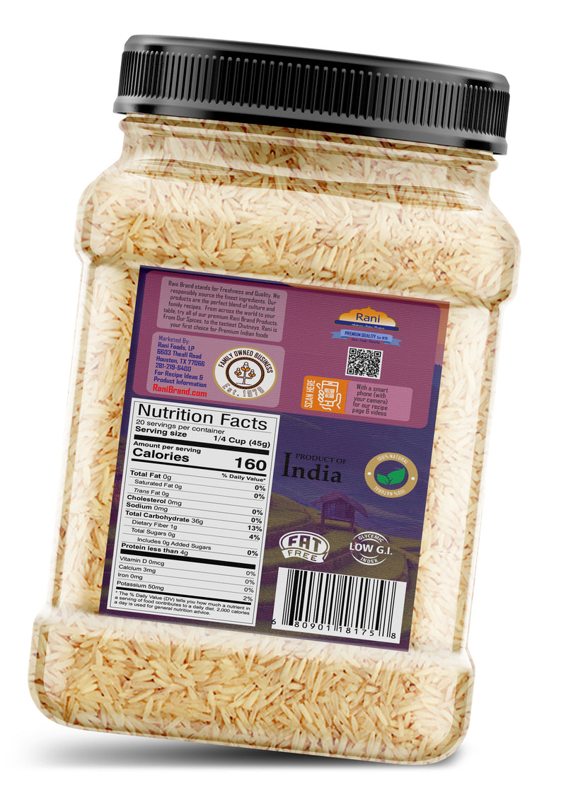 Rani White Basmati Rice Low GI (Glycemic Index) Extra Long Aged, Ideal for Diabetics, 32oz (2lbs) 908g PET Jar~ All Natural | Gluten Free | Vegan | Indian Origin | Export Quality