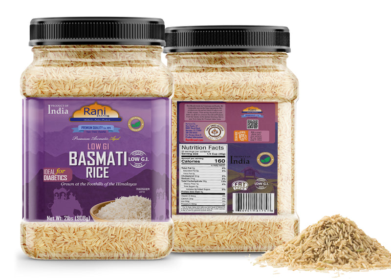 Rani White Basmati Rice Low GI (Glycemic Index) Extra Long Aged, Ideal for Diabetics, 32oz (2lbs) 908g PET Jar~ All Natural | Gluten Free | Vegan | Indian Origin | Export Quality