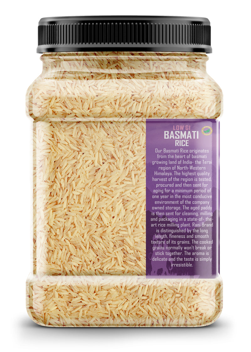 Rani White Basmati Rice Low GI (Glycemic Index) Extra Long Aged, Ideal for Diabetics, 32oz (2lbs) 908g PET Jar~ All Natural | Gluten Free | Vegan | Indian Origin | Export Quality