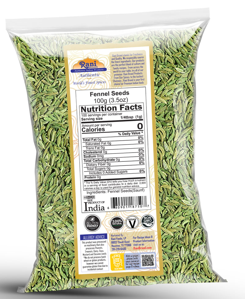 Rani Fennel Seeds (Saunf Sabut) Whole Spice 3.5oz (100g) All Natural ~ Gluten Friendly | NON-GMO | Kosher | Vegan | Indian Origin