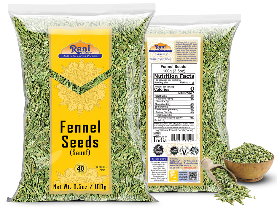 Rani Fennel Seeds (Saunf Sabut) Whole Spice 3.5oz (100g) All Natural ~ Gluten Friendly | NON-GMO | Kosher | Vegan | Indian Origin