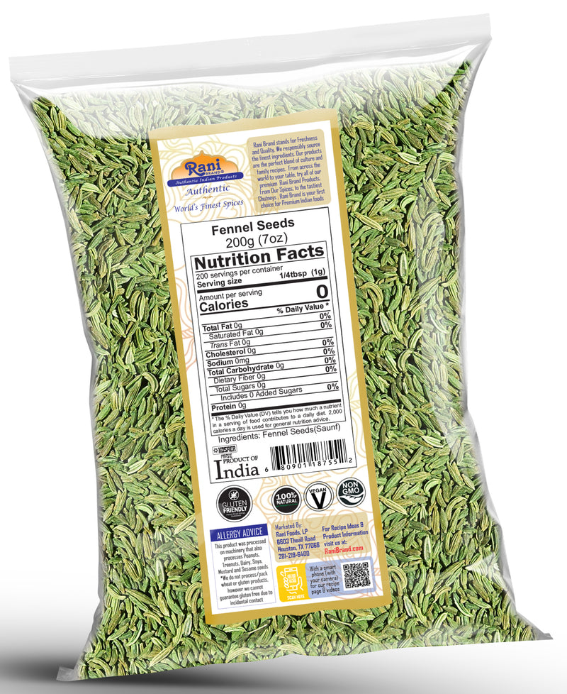 Rani Fennel Seeds (Saunf Sabut) Whole Spice 7oz (200g) All Natural ~ Gluten Friendly | NON-GMO | Kosher | Vegan | Indian Origin