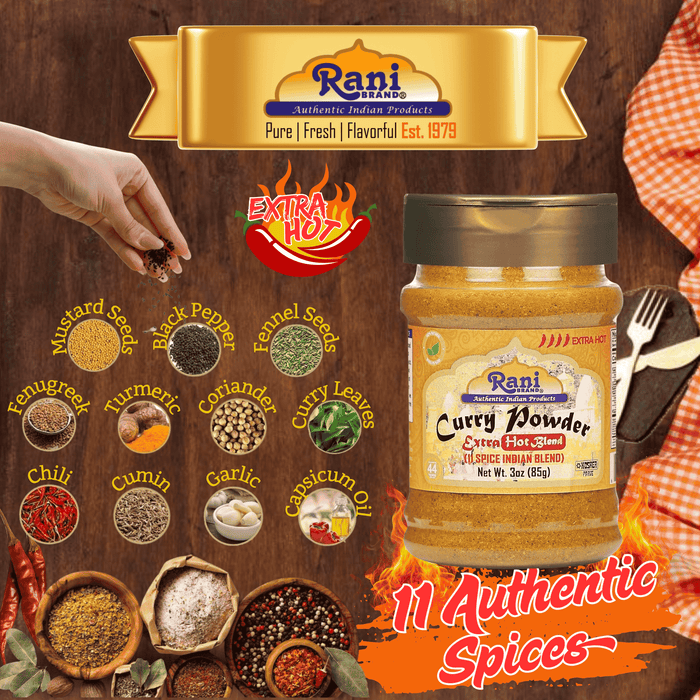 Rani Curry Powder EXTRA HOT Natural 11-Spice Blend 3oz (85g) PET Jar ~ Salt Free | Vegan | Gluten Friendly | NON-GMO | Kosher | Indian Origin