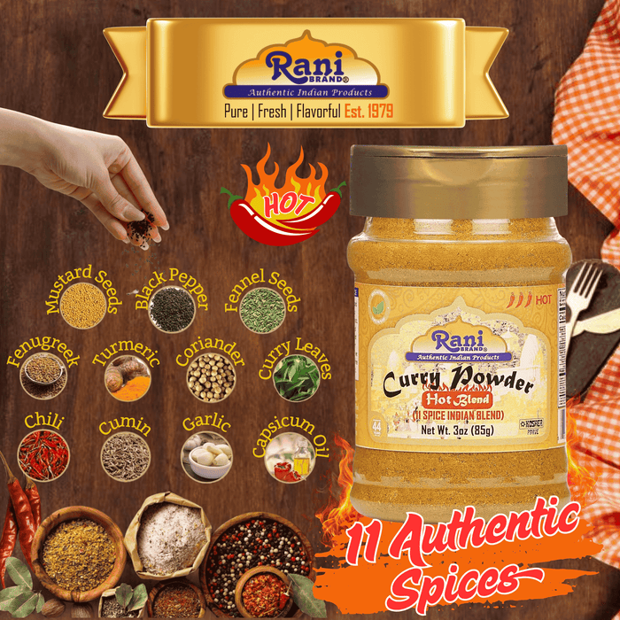 Rani Curry Powder Hot Natural 11-Spice Blend 3oz (85g) PET Jar ~ Salt Free | Vegan | Gluten Friendly | NON-GMO | Kosher | Indian Origin