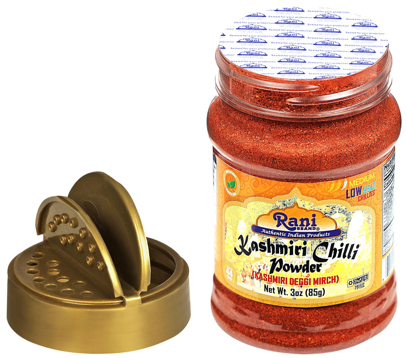 Rani Kashmiri Chilli Powder (Deggi Mirch, Low Heat) Ground Indian Spice 3oz (85g) PET Jar ~ All Natural | Salt-Free | Vegan | Kosher | Gluten Friendly | Perfect for Deviled Eggs & Other Low Heat Dishes