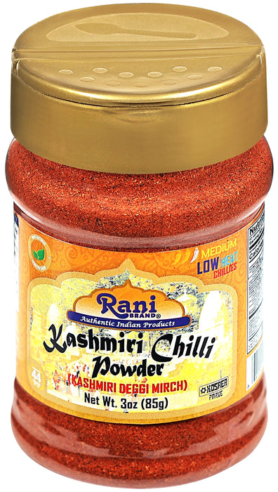 Rani Kashmiri Chilli Powder (Deggi Mirch, Low Heat) Ground Indian Spice 3oz (85g) PET Jar ~ All Natural | Salt-Free | Vegan | Kosher | Gluten Friendly | Perfect for Deviled Eggs & Other Low Heat Dishes