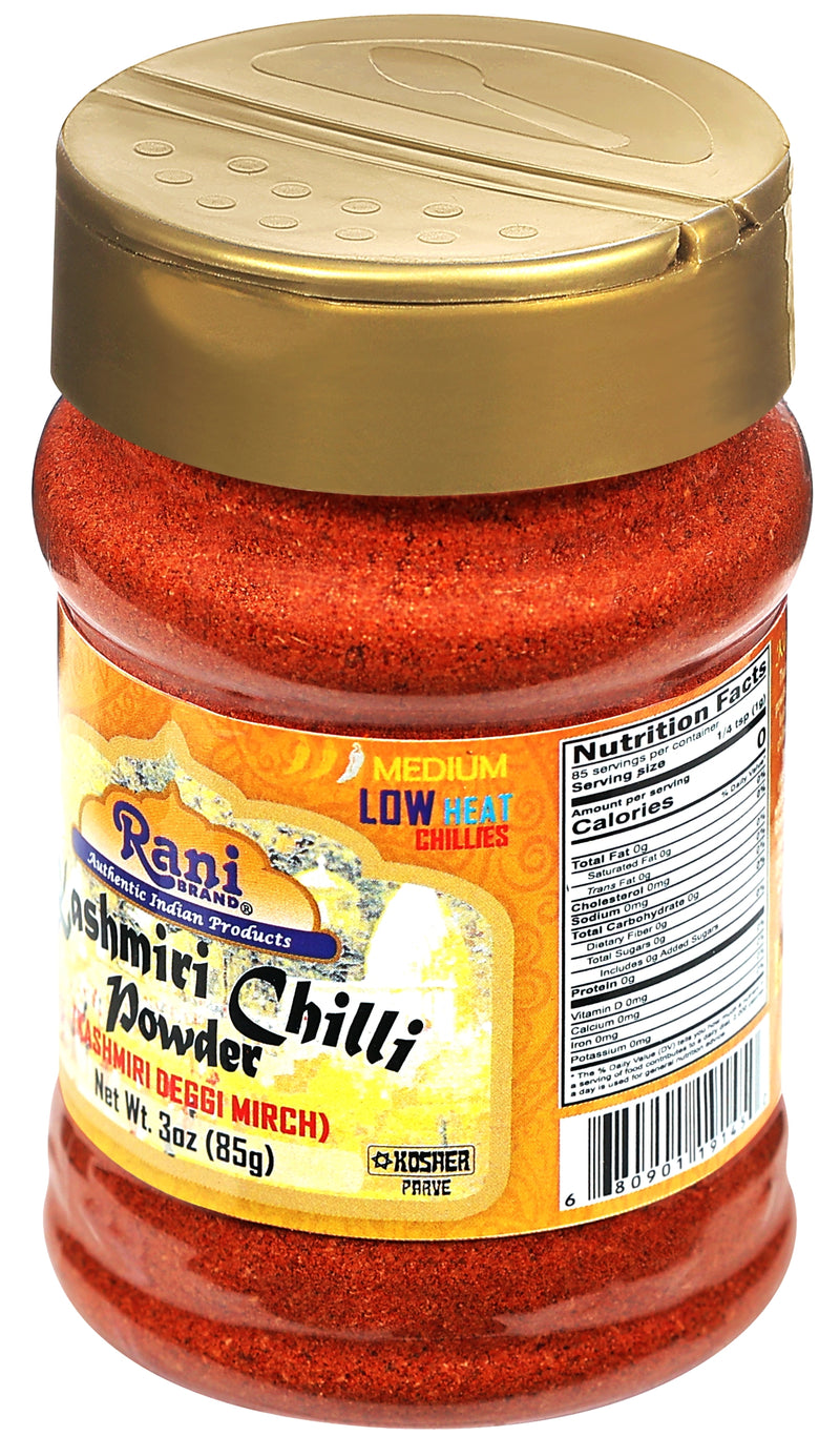 Rani Kashmiri Chilli Powder (Deggi Mirch, Low Heat) Ground Indian Spice 3oz (85g) PET Jar ~ All Natural | Salt-Free | Vegan | Kosher | Gluten Friendly | Perfect for Deviled Eggs & Other Low Heat Dishes