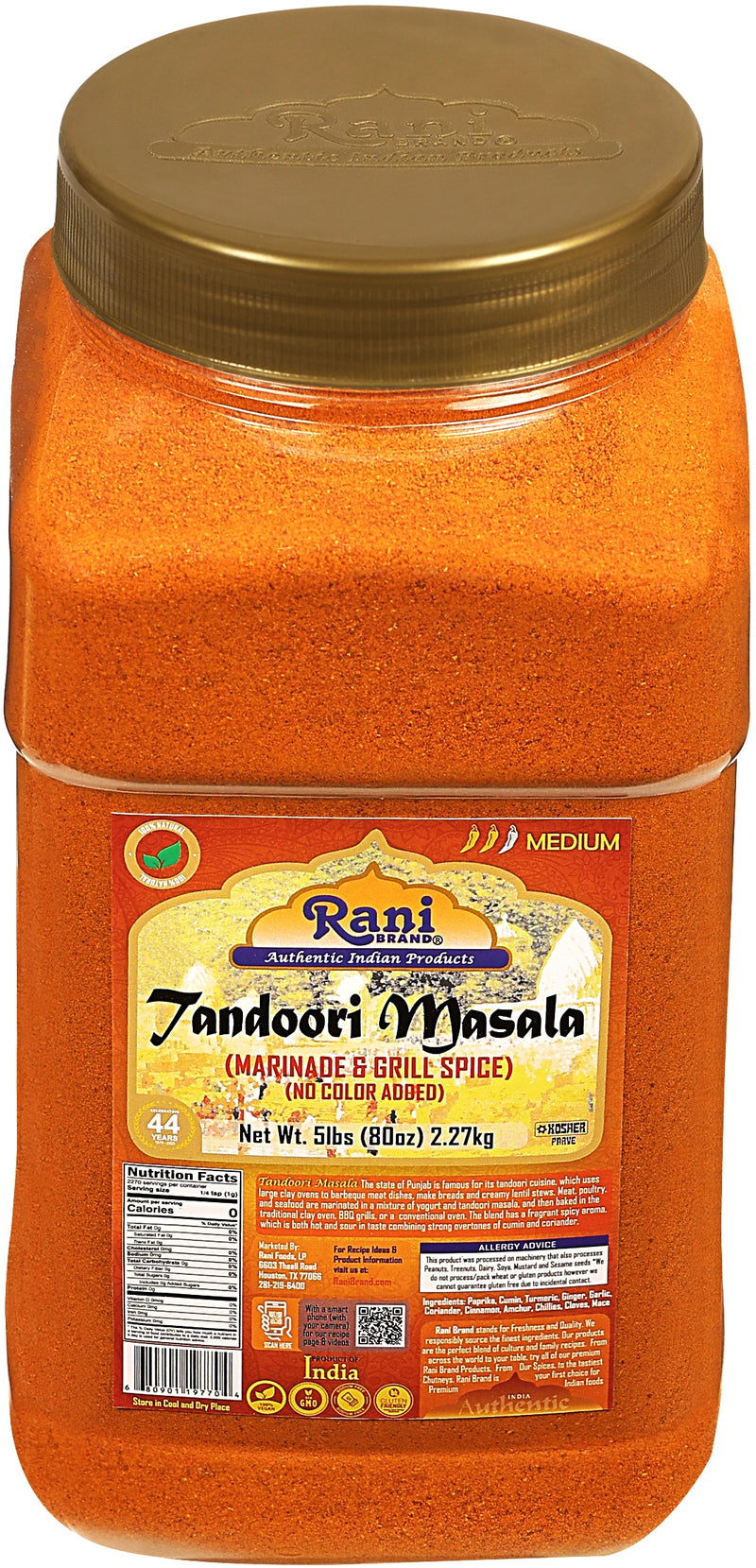 Rani Tandoori Masala (Natural, No Colors Added) Indian 11-Spice Blend 80oz (5lbs) 2.27kg Bulk PET Jar ~ Salt Free | Vegan | Gluten Friendly | NON-GMO | Kosher | Indian Origin