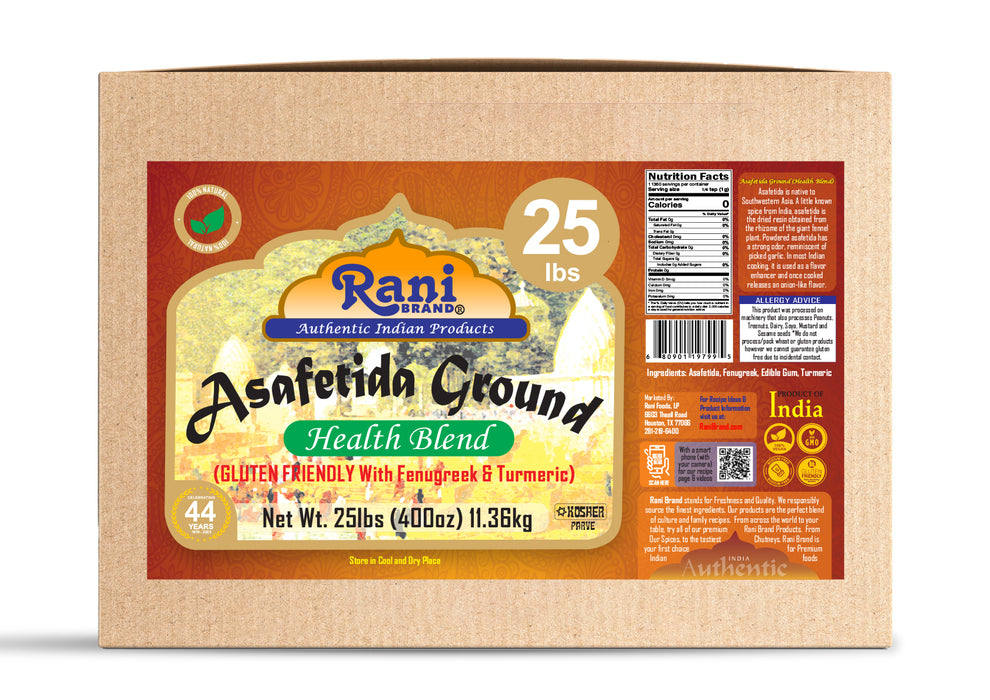 Rani Asafetida (Hing) Ground Health Blend w/ Fenugreek and Turmeric 400oz (25lbs) 11.36kg Bulk Box ~ All Natural | Salt Free | Vegan | Kosher | Asafoetida Indian Spice | Best for Onion Garlic Substitute