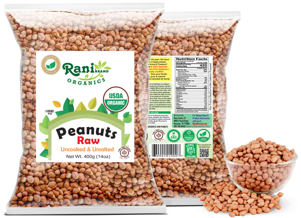 Rani Organic Peanuts, Raw Whole With Skin (uncooked, unsalted) 14oz (400g) ~ All Natural | Vegan | Gluten Friendly | Fresh Product of USA | USDA Certified Organic ~ Spanish Grade Groundnut / Red-skin