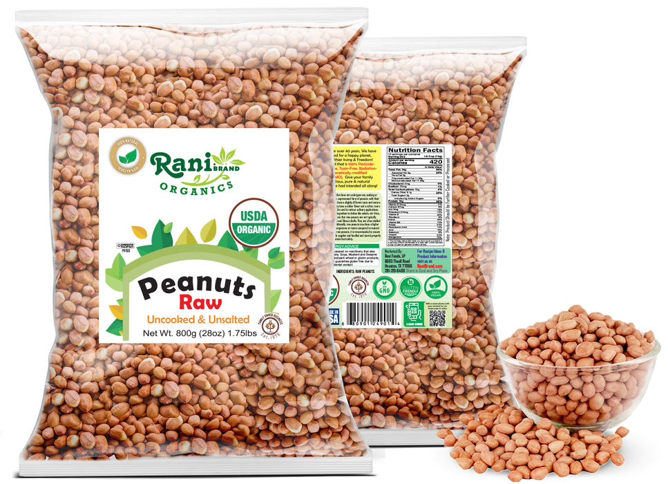 Rani Organic Peanuts, Raw Whole With Skin (uncooked, unsalted) 28oz (800g) ~ All Natural | Vegan | Gluten Friendly | Fresh Product of USA | USDA Certified Organic ~ Spanish Grade Groundnut / Red-skin