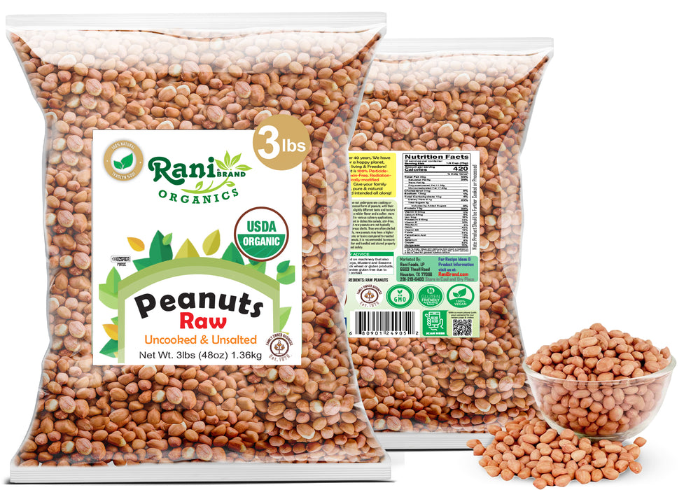 Rani Organic Peanuts, Raw Whole With Skin (uncooked, unsalted) 48oz (3lbs) 1.36kg Bulk ~ All Natural | Vegan | Gluten Friendly | Fresh Product of USA  ~ Spanish Grade Groundnut / Red-skin