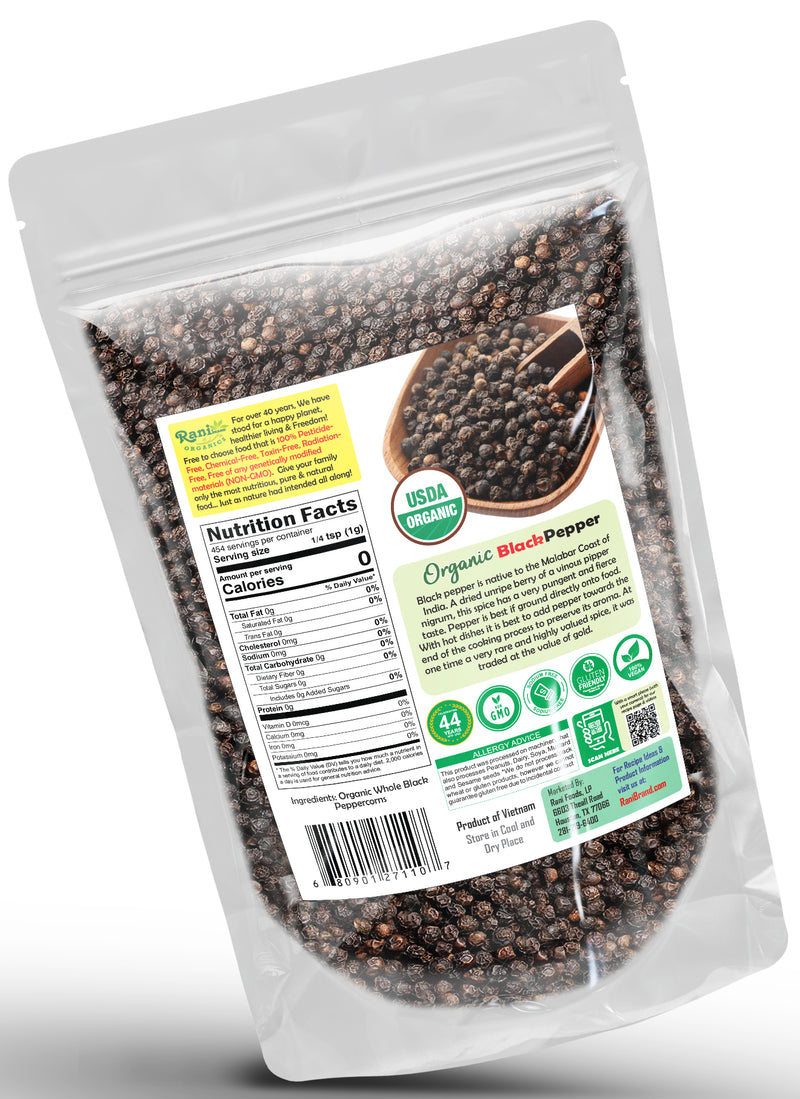 Rani Organic Black Pepper Whole (Peppercorns), Premium Bold Tellicherry Quality 16oz (1lb) 454g ~ All Natural | Gluten Friendly | Non-GMO | USDA Certified Organic | Kosher | Product of Vietnam
