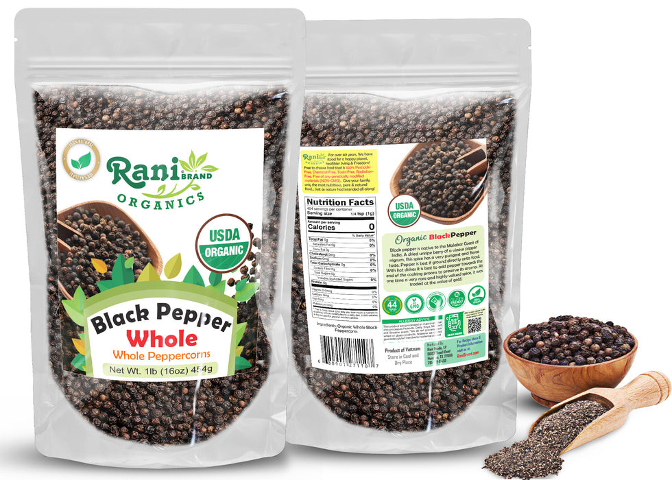 Rani Organic Black Pepper Whole (Peppercorns), Premium Indian MG-1 Grade 16oz (1lb) 454g ~ All Natural | Gluten Friendly | Non-GMO | USDA Certified Organic | Perfect Size for Grinders!