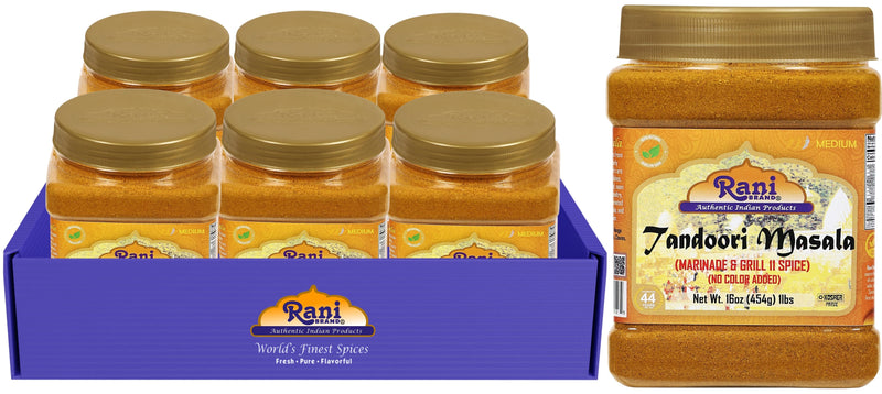 Rani Tandoori Masala (Natural, No Colors Added) Indian 11-Spice Blend 16oz (1lb) 454g PET Jar, Pack of 6 ~ Salt Free | Vegan | Gluten Friendly | NON-GMO | Indian Origin