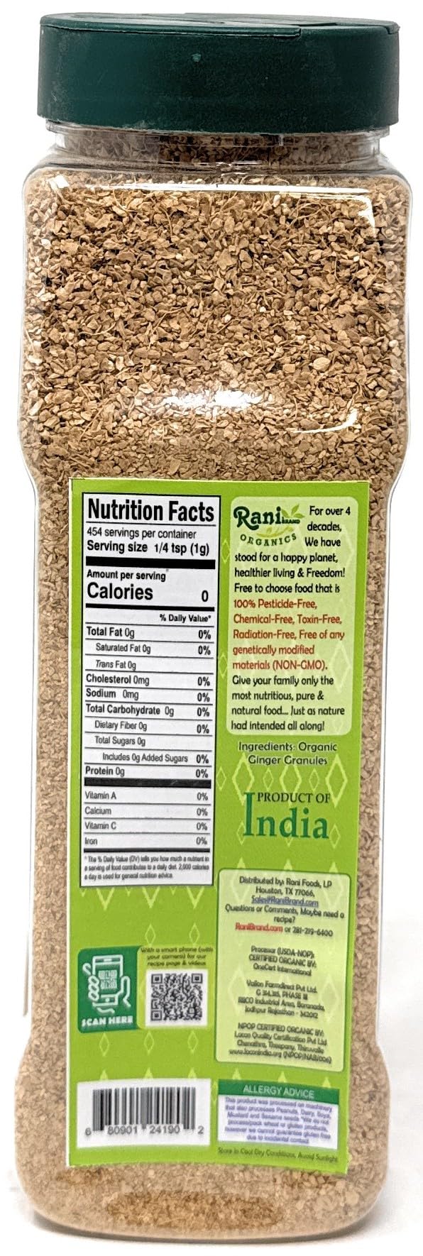 Rani Organic Granulated Ginger (Adarak Granules) 16oz (1lb) 454g PET Jar ~ All Natural | Gluten Friendly | Vegan | NON-GMO | Kosher | No Salt or fillers | Indian Origin | USDA Certified Organic