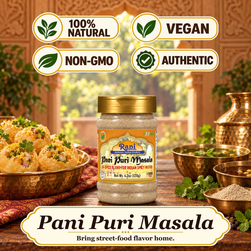Rani Pani Puri Masala (14-Spice Blend for Indian Spicy Water) 4.2oz (120g) PET Jar ~ All Natural | Vegan | No Colors | Gluten Friendly | NON-GMO | Kosher | Indian Origin, gol gappa