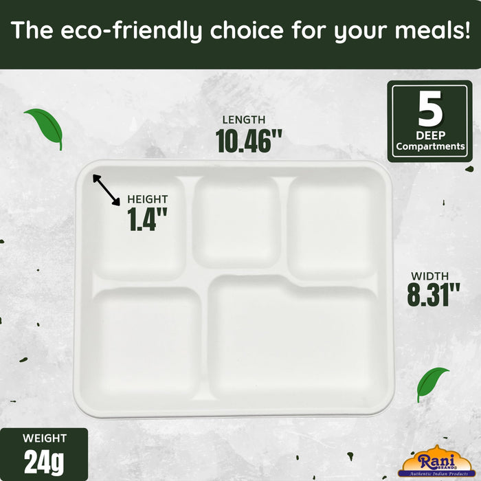 Rani 5 Deep Compartment Square Biodegradable Divided Plates Pack of 1000 ~ Party, Thali, Buffet | Disposable & Eco-Friendly | Heavy-Duty Sturdy Paper Bagasse | Premium Quality | 10.46" x 8.31" x 1.12"