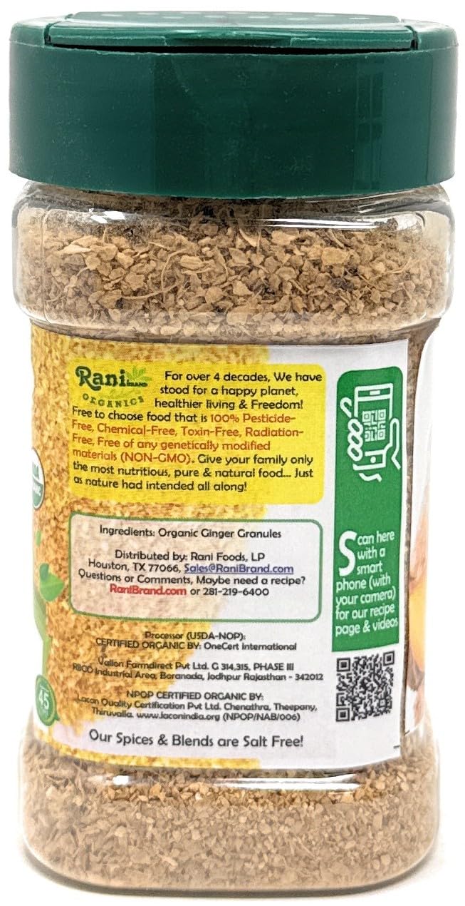 Rani Organic Granulated Ginger (Adarak Granules) 3oz (85g) PET Jar ~ All Natural | Gluten Friendly | Vegan | NON-GMO | Kosher | No Salt or fillers | Indian Origin | USDA Certified Organic