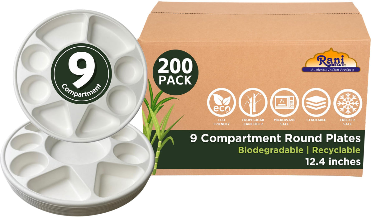 Rani Round Biodegradable Divided Plates, Pack of 200, 9 Compartments ~ Disposable & Eco-Friendly | 12.44" Diameter, 1.38" Thickness | Heavy-Duty and Sturdy Disposable Bagasse Plates | Premium Quality