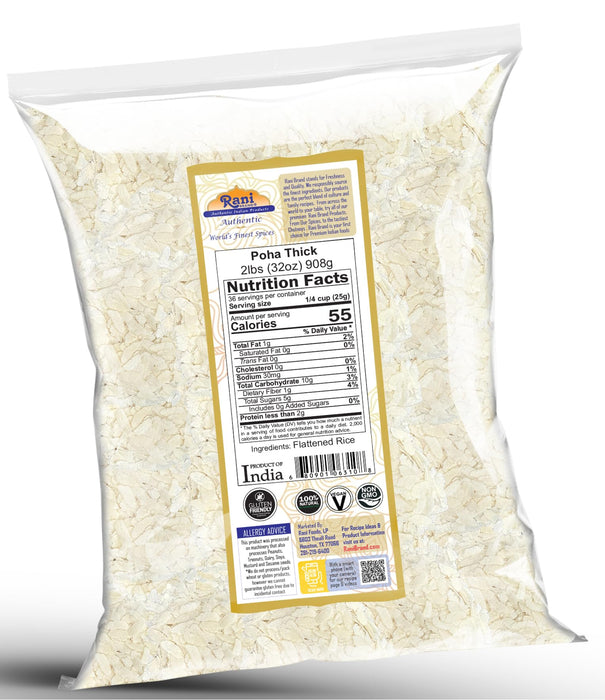 Rani Poha (Powa) Thick Medium-Cut (Flattened Rice) 32oz (2lbs) 908g ~ All Natural, Salt-Free | Vegan | Kosher | No Colors | Gluten Friendly | Indian Origin