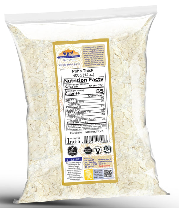 Rani Poha (Powa) Thick Medium-Cut (Flattened Rice) 14oz (400g) ~ All Natural, Salt-Free | Vegan | Kosher | No Colors | Gluten Friendly | Indian Origin