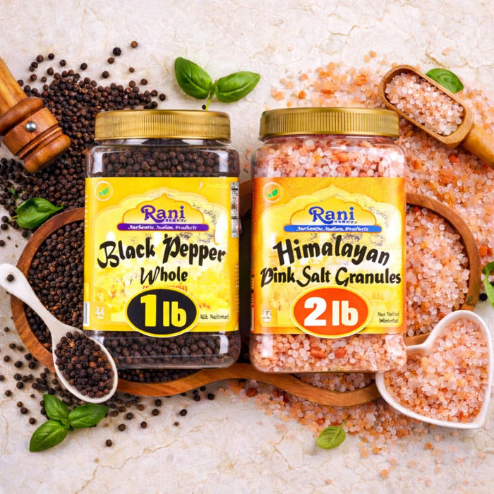 Rani Black Pepper Whole 16oz (1lb) 454g PET Jar & Himalayan Pink Salt Granules 32oz (2lbs) 908g PET Jar, Combo Pack, Perfect size for Grinders! ~ All Natural | Gluten Friendly | Non-GMO | Kosher