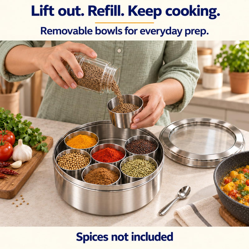 Rani Spice Box Stainless Steel Transparent Round Storage (9.2in x 3in) For Spices (Masala Dabba) 7 Compartments, with spoon ~ Packed in an attractive box, perfect for gifts!