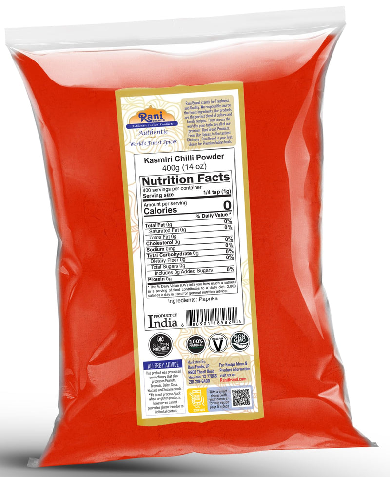 Rani Kashmiri Chilli Powder (Deggi Mirch, Low Heat) Ground Indian Spice 14oz (400g) ~ All Natural, Salt-Free | Vegan | Gluten Friendly | NON-GMO | Kosher | Perfect for Deviled Eggs & Other Low Heat Dishes