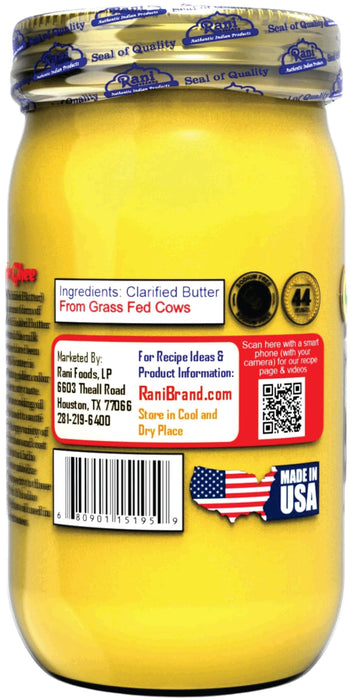 Rani Ghee Pure & Natural from Grass Fed Cows (Clarified Butter) 16oz (1lb) 454g ~ Glass Jar | Paleo & Keto Friendly | Gluten Free | Kosher | Product of USA