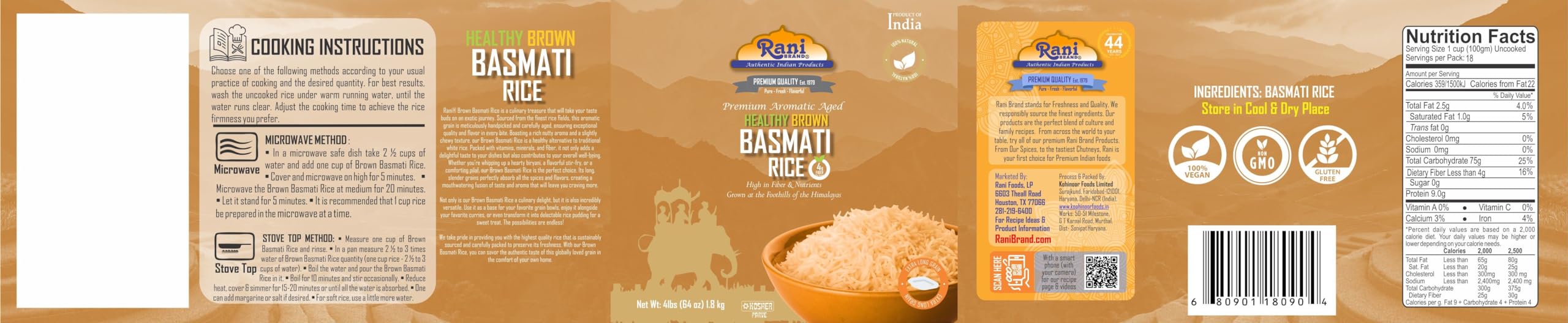 Rani Brown Basmati Rice Extra Long Aged 64oz (4lbs) 1.81kg PET Jar ~ All Natural | Gluten Friendly | Vegan | Indian Origin | Kosher | Export Quality