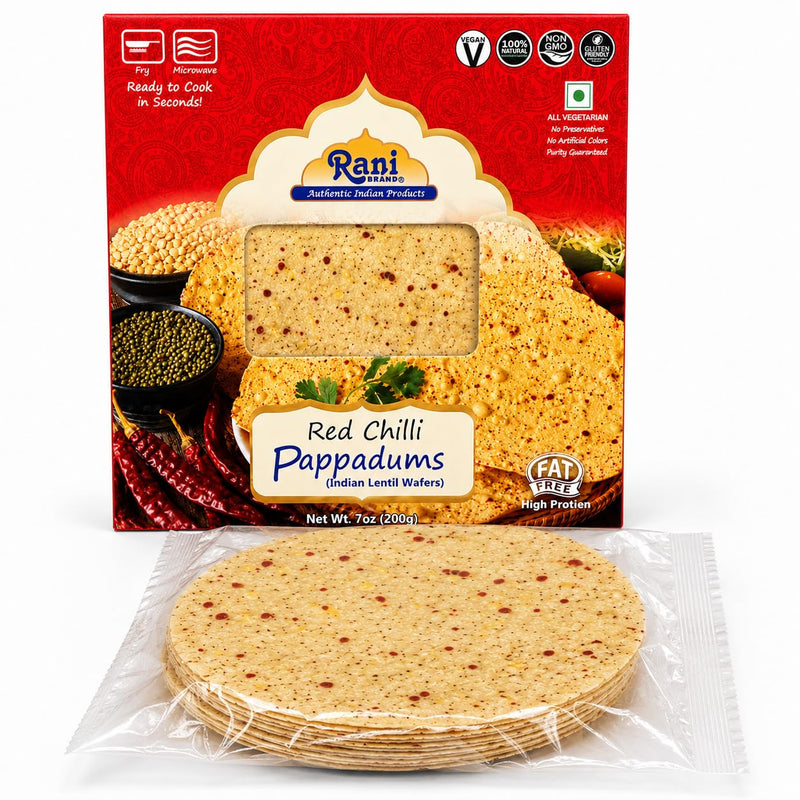 Rani Pappadums (Indian Lentil Wafer Snack) Red Chilli Papad 7oz (200g) Approximately 15pc, 7 inches, Pack of 12 ~ All Natural | Gluten Friendly | NON-GMO | Vegan | Indian Origin