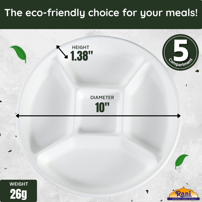 Rani 5 Compartment Round Biodegradable Divided Plates, Pack of 125 ~ Party, Thali, Buffet | Disposable & Eco-Friendly | Heavy-Duty Sturdy Paper Bagasse | Premium Quality | 10" Diameter, 1.38" Height