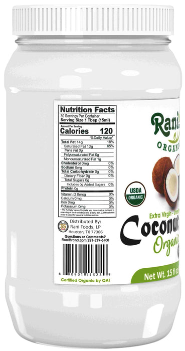 Rani Organic Extra Virgin Coconut Oil, Unrefined 15 fl oz (444ml) Pack of 2, Cold Pressed, NON-GMO | Gluten Free | Kosher | Vegan | 100% Natural | Packed in USA | USDA Certified Organic