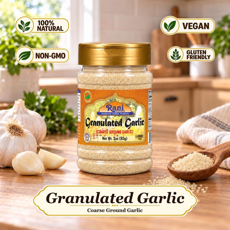 Rani Granulated Garlic (Coarse Ground Garlic) 3oz (85g) PET Jar ~ All Natural | Gluten Friendly | Vegan | NON-GMO | Kosher | No Salt or fillers | Product of USA